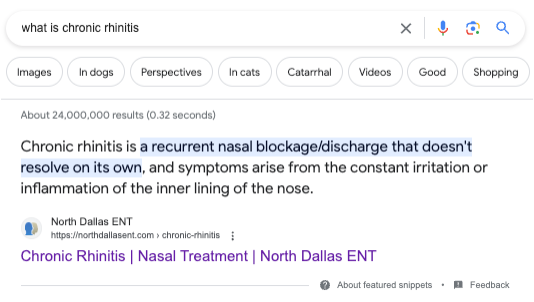 featured snippet on google for the keyword what is chronic rhinitis