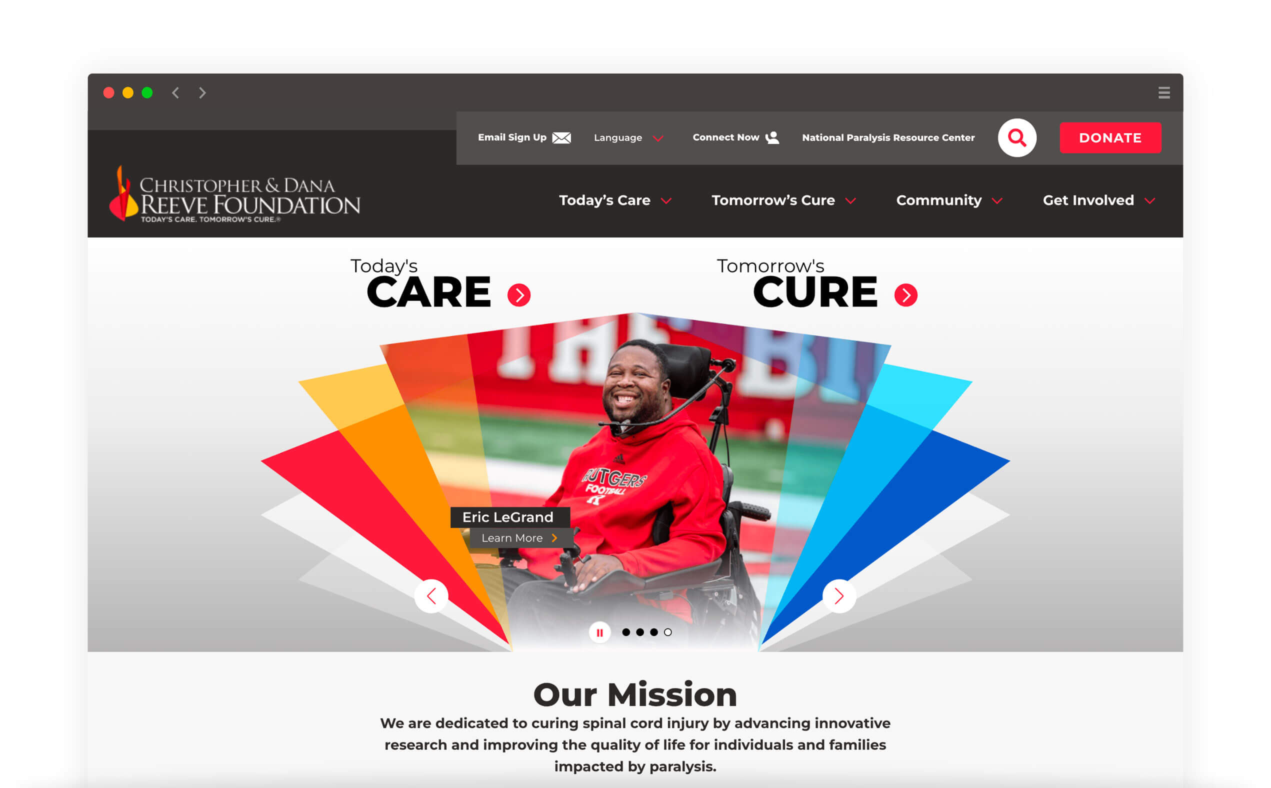 Newly redesigned homepage for the Reeve Foundation website.