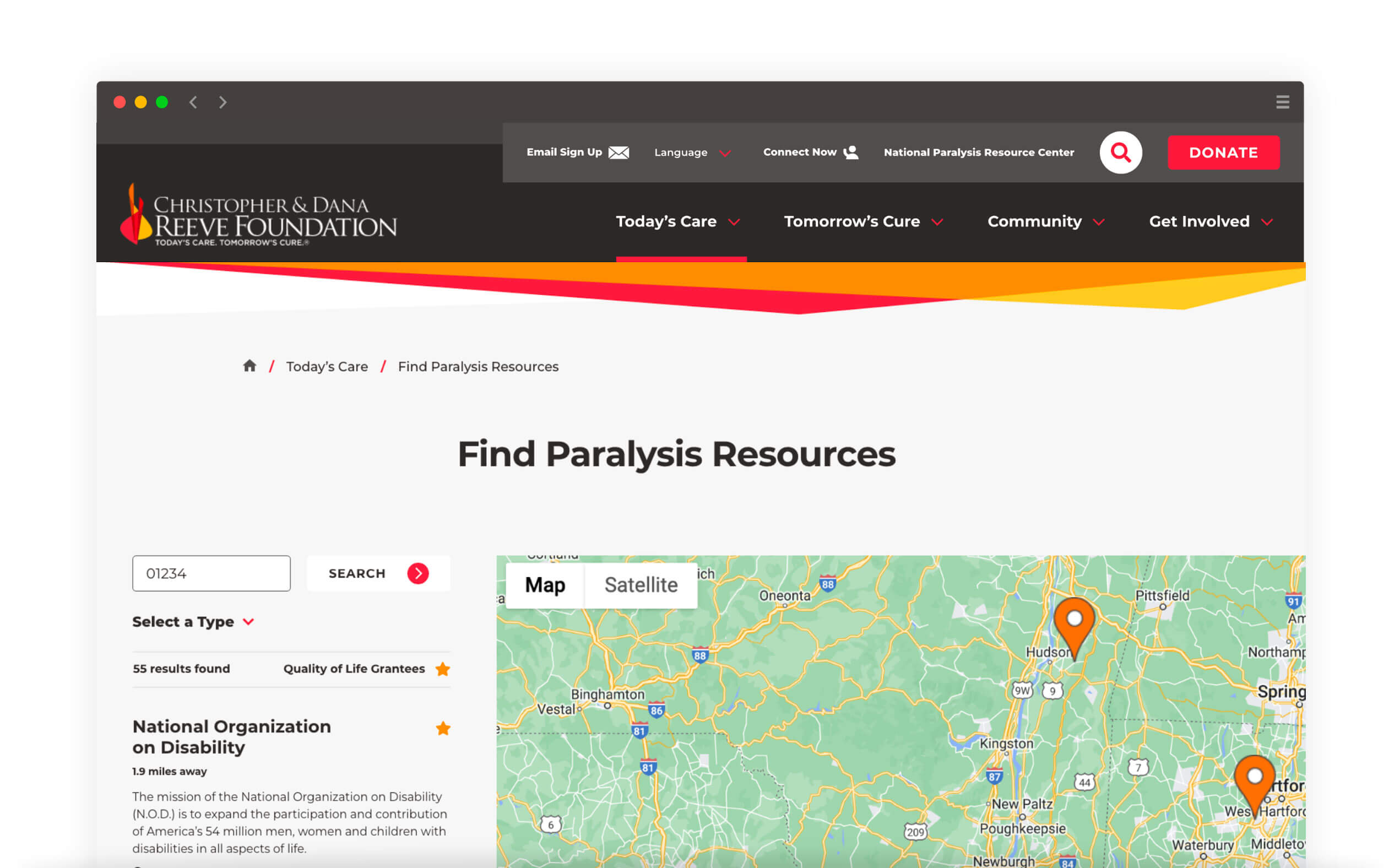 Reeve foundation website redesign featuring the Paralysis Resource map locator page.