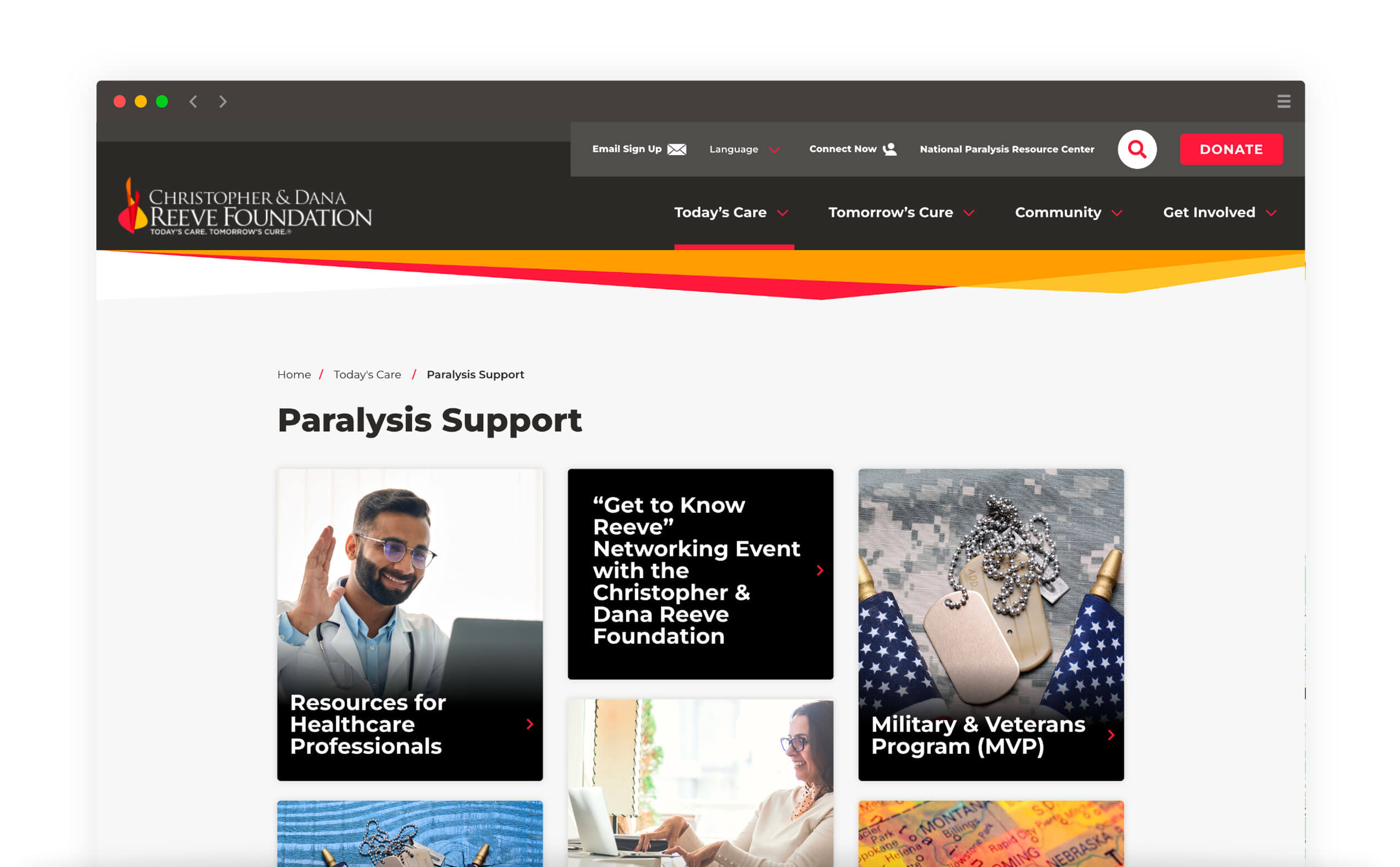 Reeve Foundation "Paralysis Support" redesigned page featuring accessibility and seamless UX.