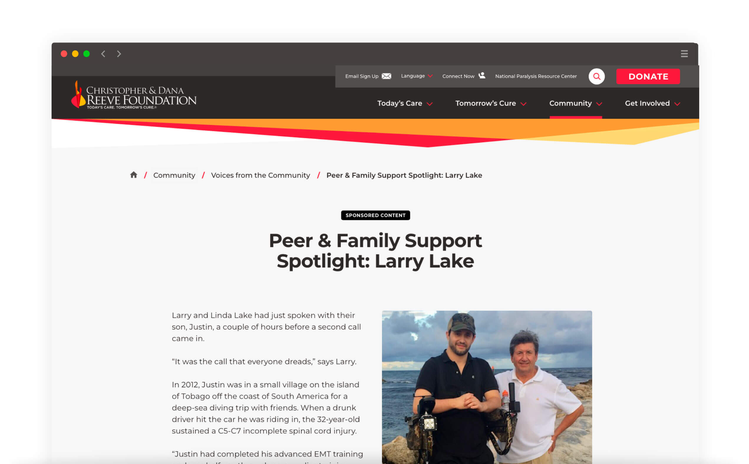 Support spotlight page on the Reeve Foundation website, from the redesign project by XDS.