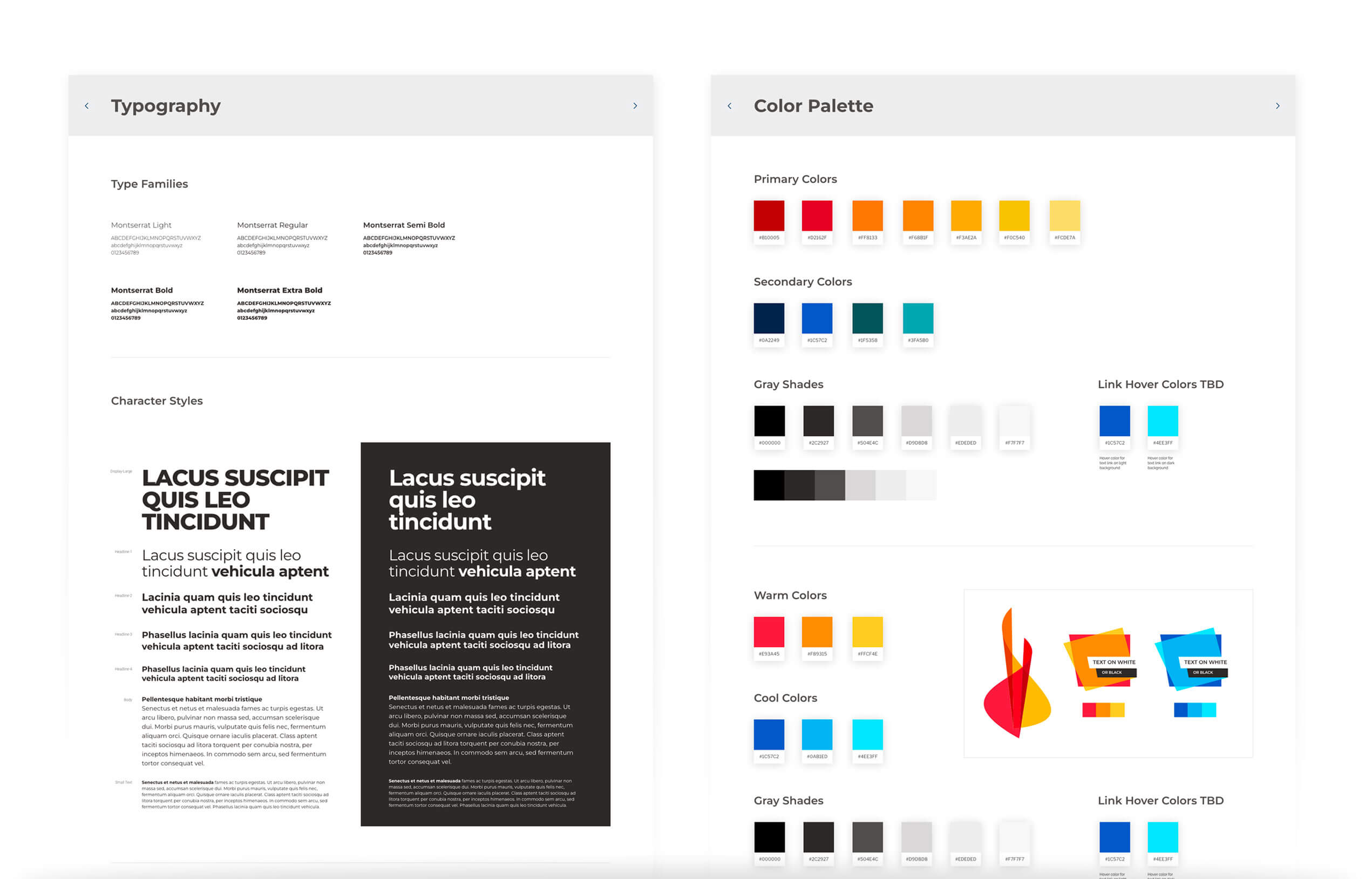Style guide for the Reeve Foundation website redesign project showing brand colors and typography.