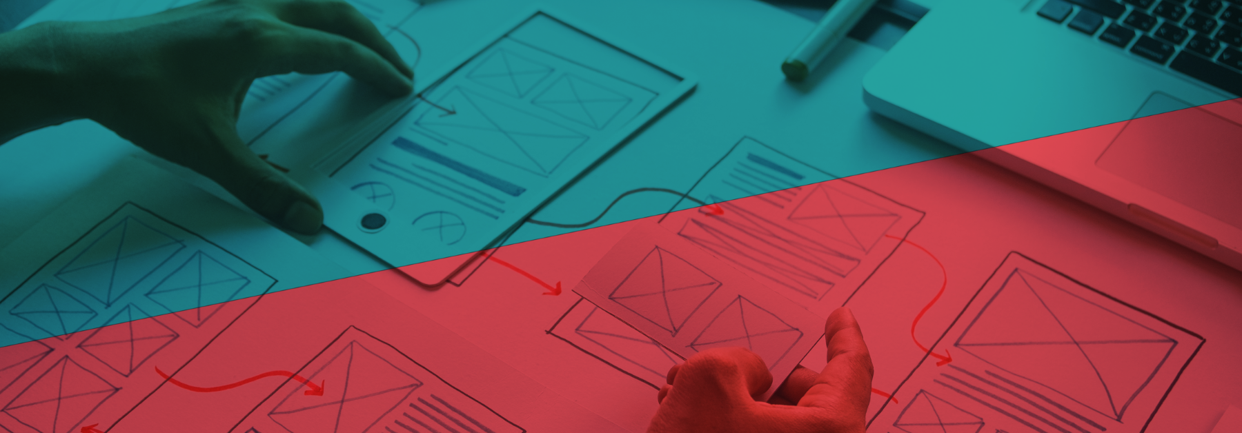 healthcare marketing campaign blueprint with blue and red transparent overlay.