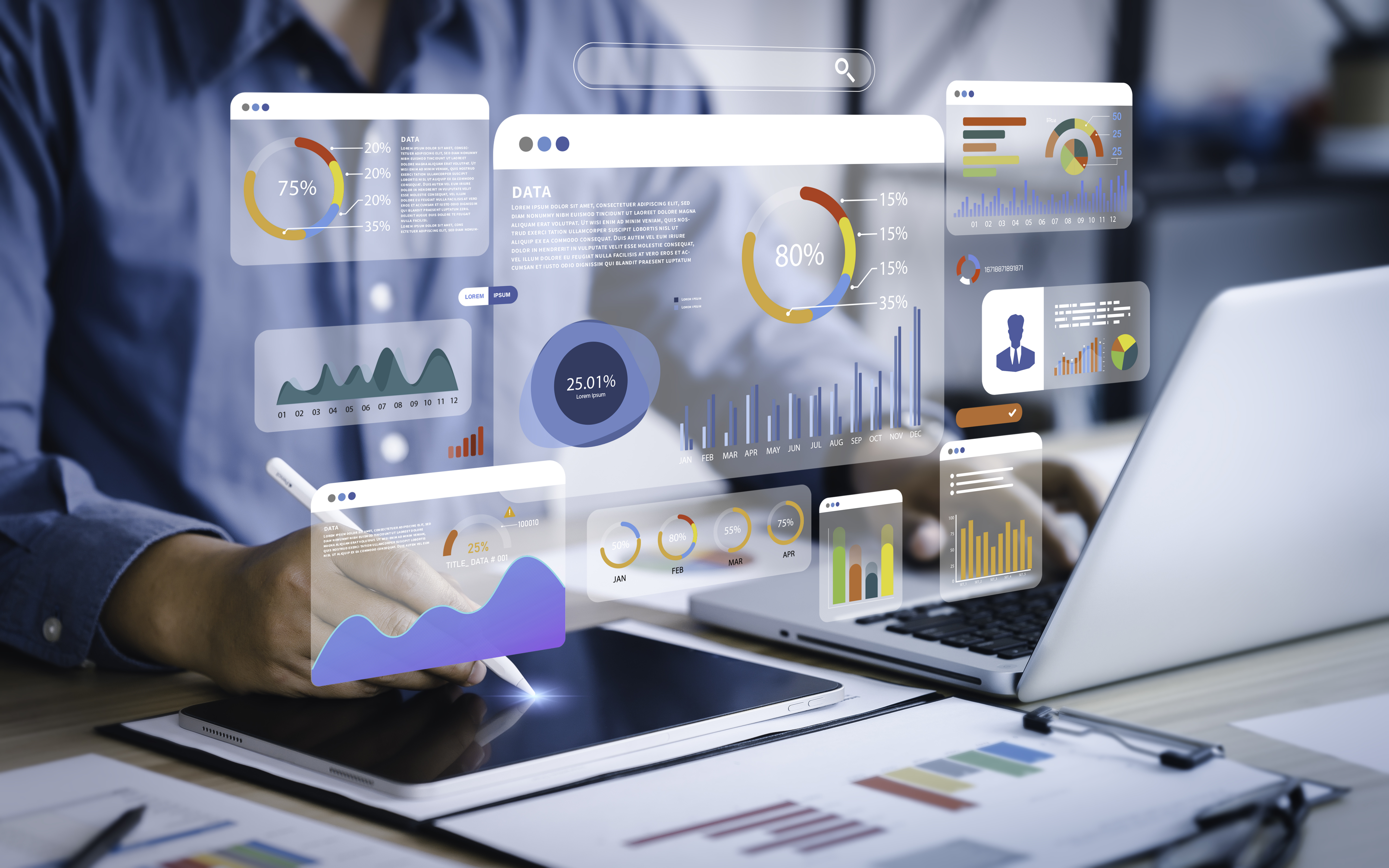 Digital marketing image using man on a tablet with data graphs and chart images above to create futuristic look.