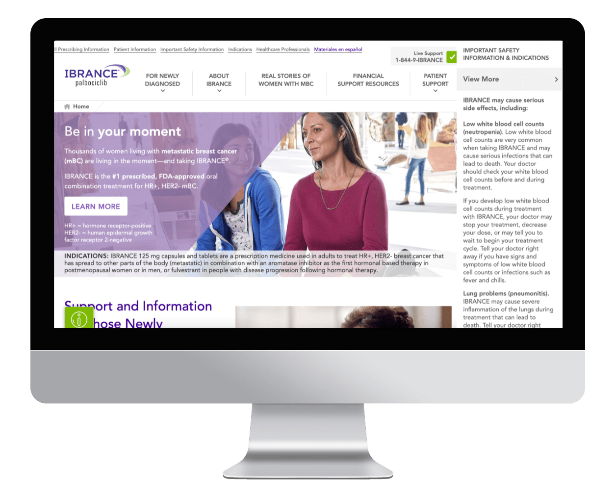 ISI in hero artwork on Ibrance website. Example of not best practice ISI for healthcare.
