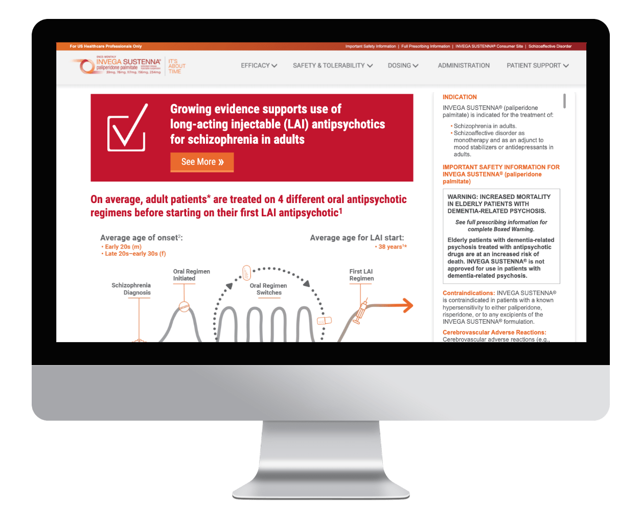 Website screenshot of best practice for prominent ISI in boxed warning message formatting.