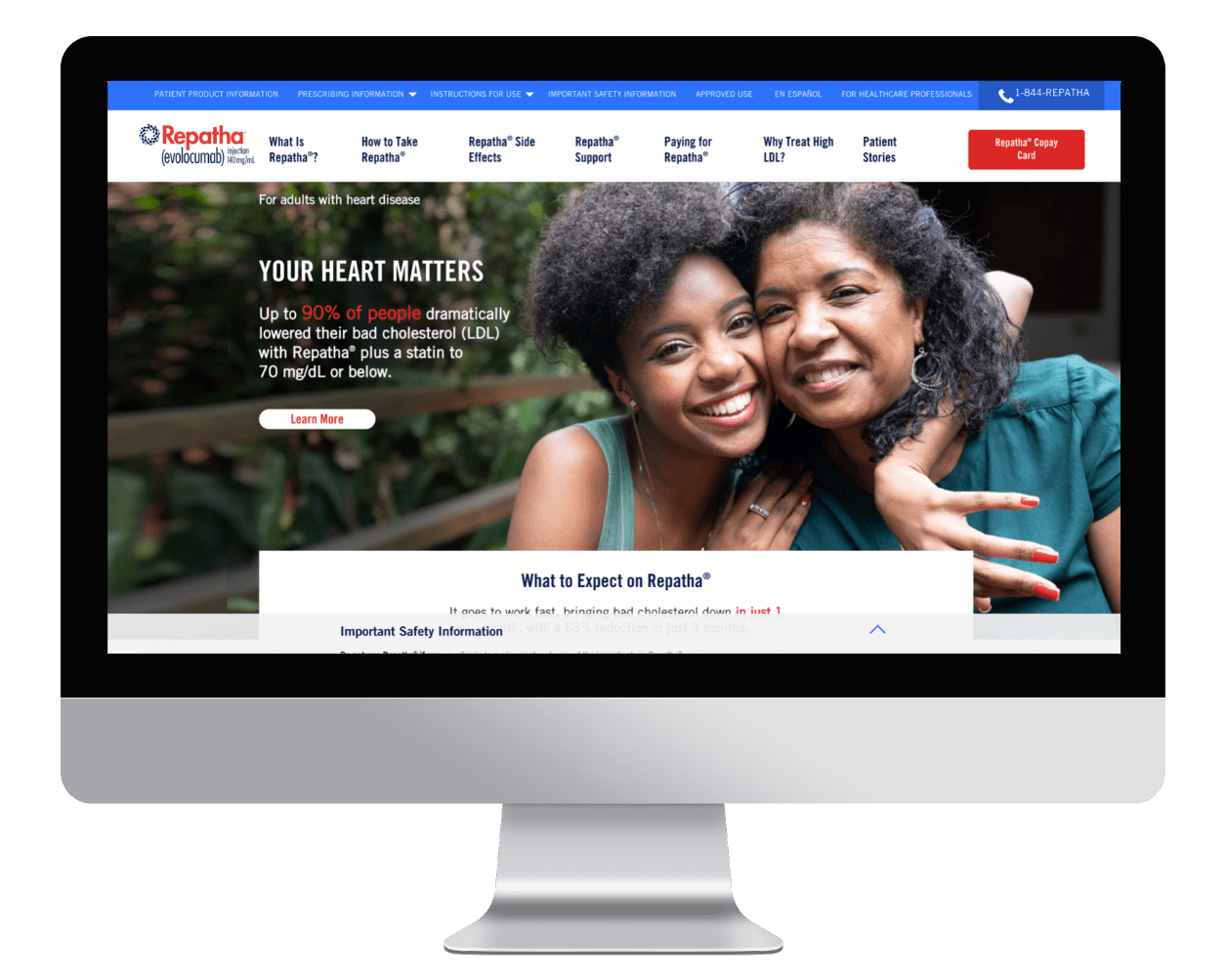 Example of important safety information in horizontal anchor link on a healthcare website.